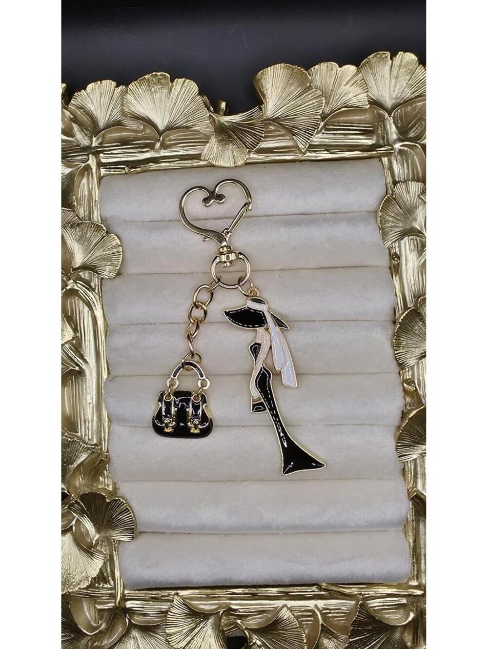 Chic Black and Gold Fashion Keychain with Elegant Lady and Purse Charms